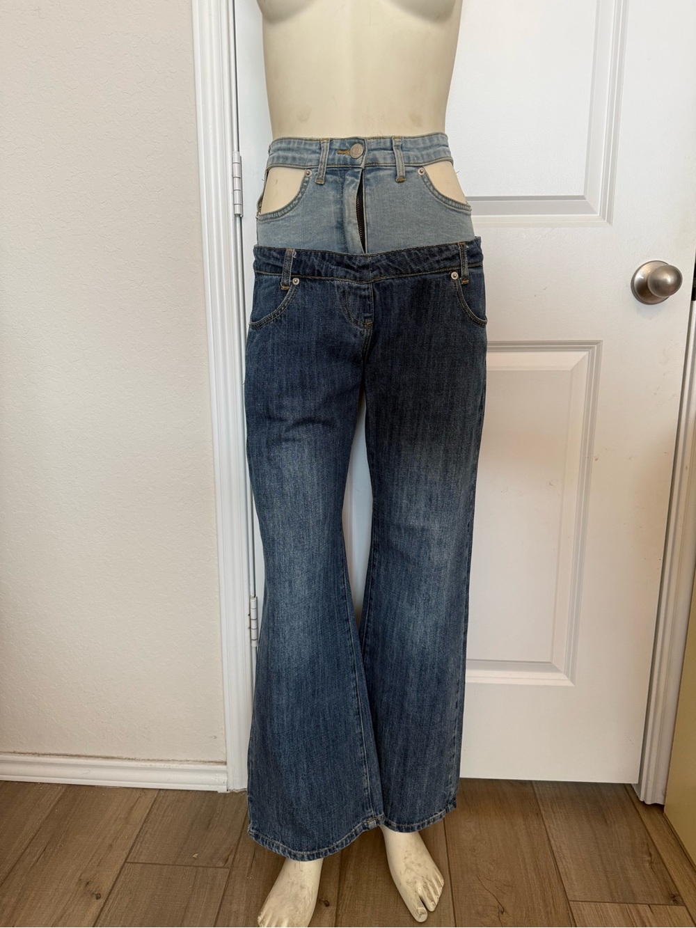 Ann Andelman Cotton Double High Waist Flared Jeans with Hip Cutouts